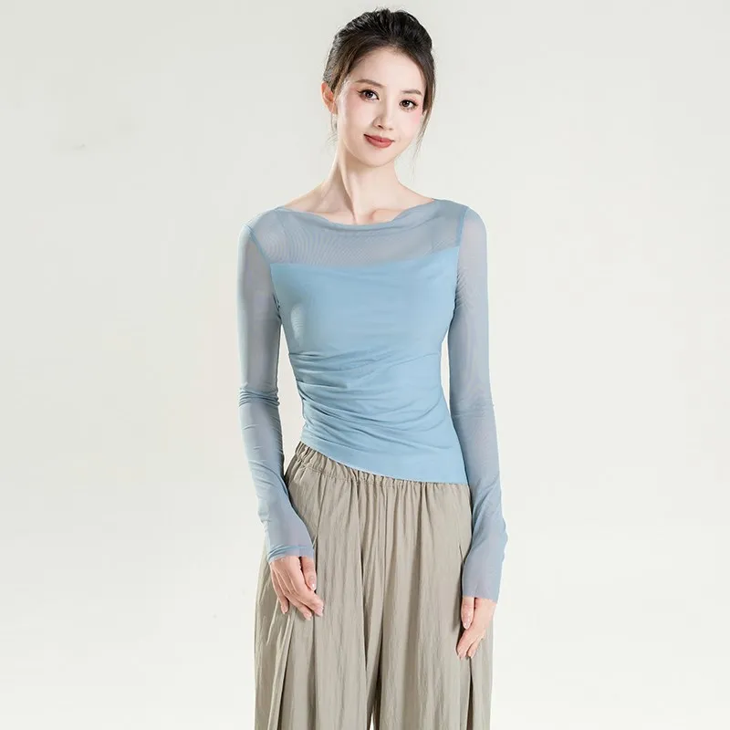 Blue Long Sleeve Practice Clothes Gauze Round Neck Sexy Classic Top For Dancing Chinese Traditional Folk National Body Rhyme