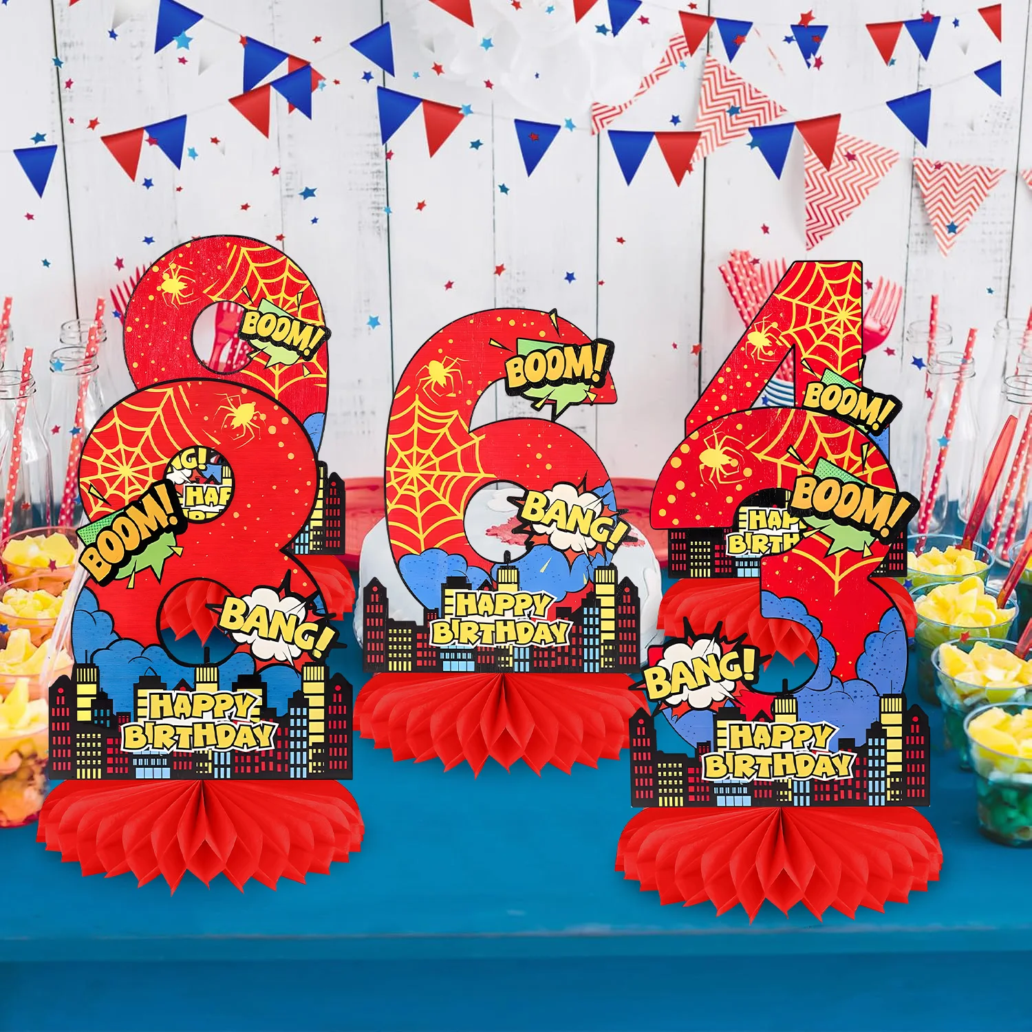 Hero City Cartoon-Thema Rotes Spinnennetz Boom Honeycomb Center Geburtstagsparty-Dekorationen Digitale Zelluläre Babyparty-Ornamente