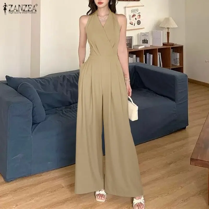 Fashion Summer Women Jumpsuits Sleeveless ZANZEA Solid Wide Leg Pants V Neck Party OL Work Overalls Long Playsuits Streetwear 3