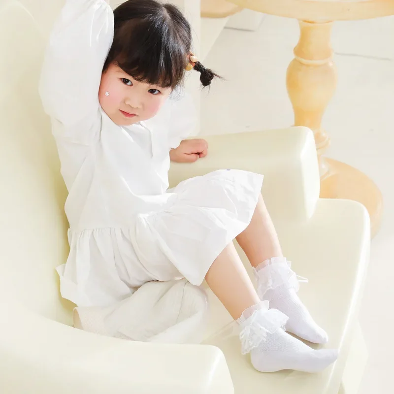 Cute Bow Heart Lace Stitch Frilly Ruffle Solid White Lolita Ankle Socks New Summer Mesh Cotton Mesh Thin Clothes for Baby Girls