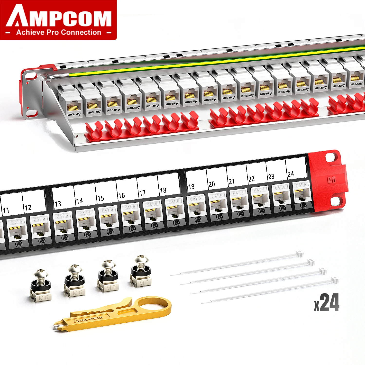 AMPCOM 24 Port RJ45 Through Coupler Patch Panel with Back Bar Wall Mount or Rackmount CAT5E CAT6 CAT6A UTP Keystone Jack