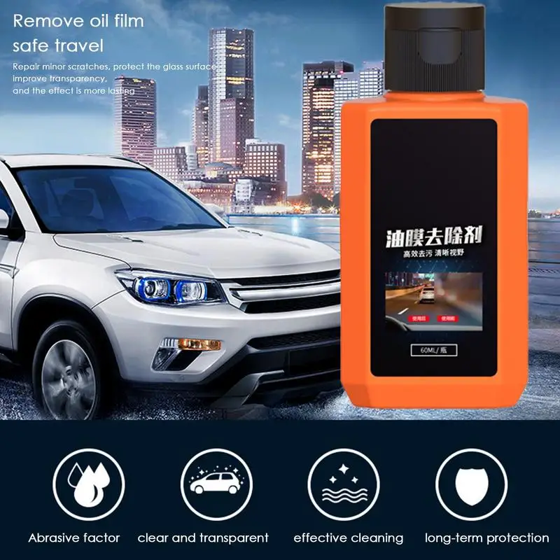Car Oil Film Cleaner Car Glass Oil Film Removal Cleaner 60ml Restore Glass Clarity Quickly And Easily With Sponge For