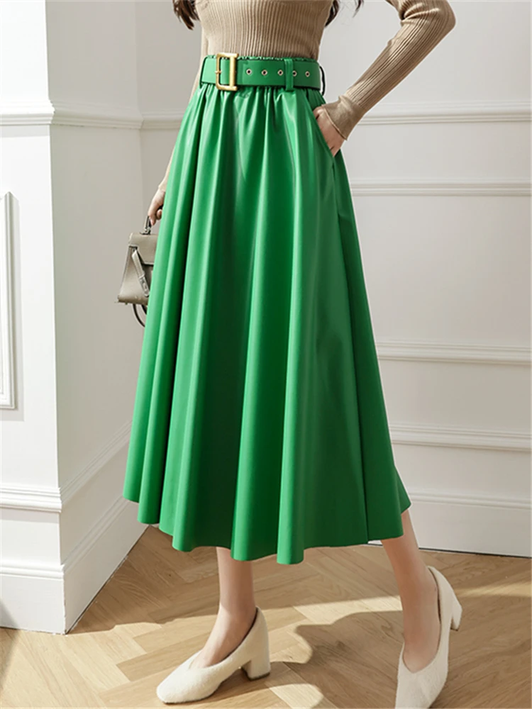 

PU Faux Leather Women Long Skirts with Belted 2023 New Autumn Winter High Waist Umbrella A-Line Skirts Ladies Female