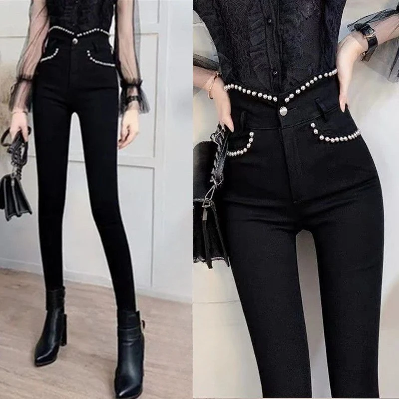 Spring Autumn New High Waist Tight Fitting Slim Rivet Decoration Stretch Black Pencil Pants Women Korean Streetwear Women Y2k hasp security lock sash jammer home decoration high quality protection providing slide sash lock tight locking