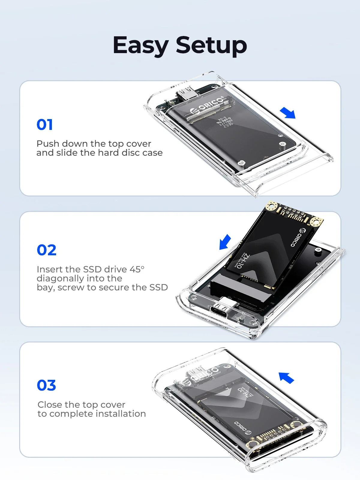 ORICO 투명 미니 mSATA SSD 케이스-Type-C SSD 인클로저 어댑터 외부 어댑터 PC 케이스용 mSATA NGFF SSD용 5Gbps