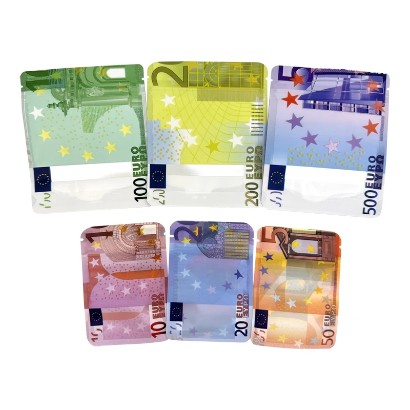 10&euro; 20&euro; 50&euro; 100&euro; 200&euro; 500&euro; Bills Paper Zip lock Bag Small Pouch With Clear Window 1-3.5G Mylar Small Bag Design EURO plastic zip lock bags plastic packaging bags