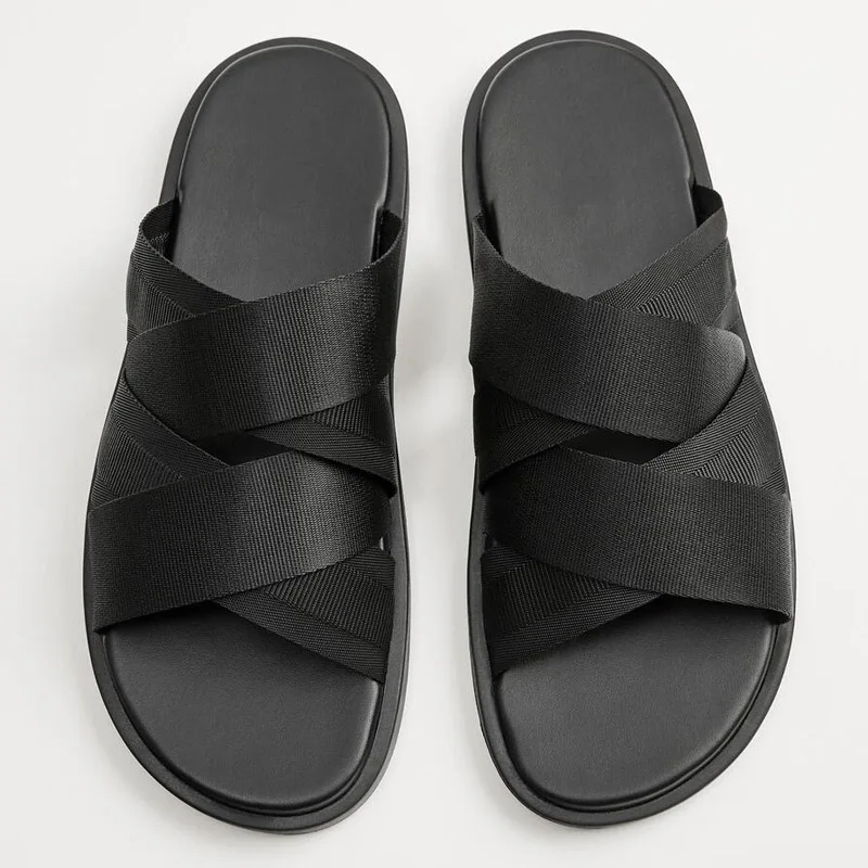 Men's Easy Wear Black Cross-tied Belt Simple Outdoor Slippers Beach Shoes Non-slip Slip-on Comfortable Slides Male