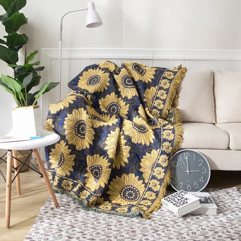 

European Style Blue Sunflower Cotton Throw Blanket Nap Sofa Dustproof Cover Thicken Pastoral Style Warm Bedspread