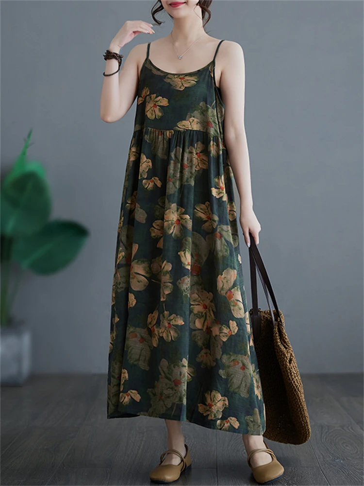 Sleeveless Strap Print Dresses For Women 2024 Summer Cotton Vintage Casual Loose Long Dress Femme Robe Beach Elegant Clothing