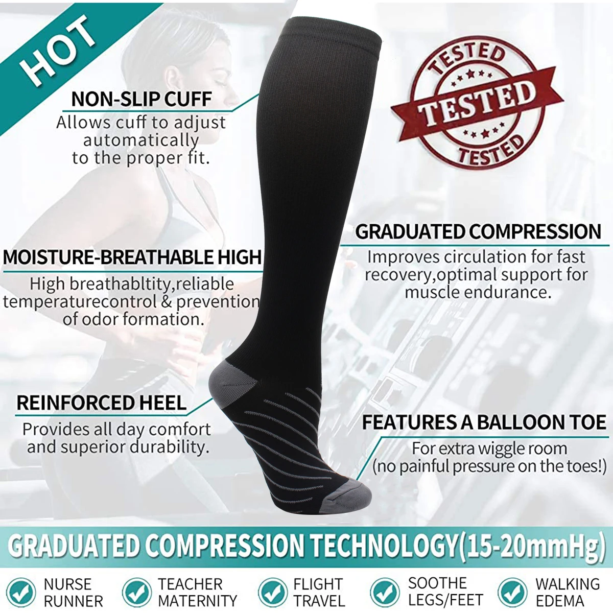 Compression Socks 6 Pairs Men Women 15-20mmHg