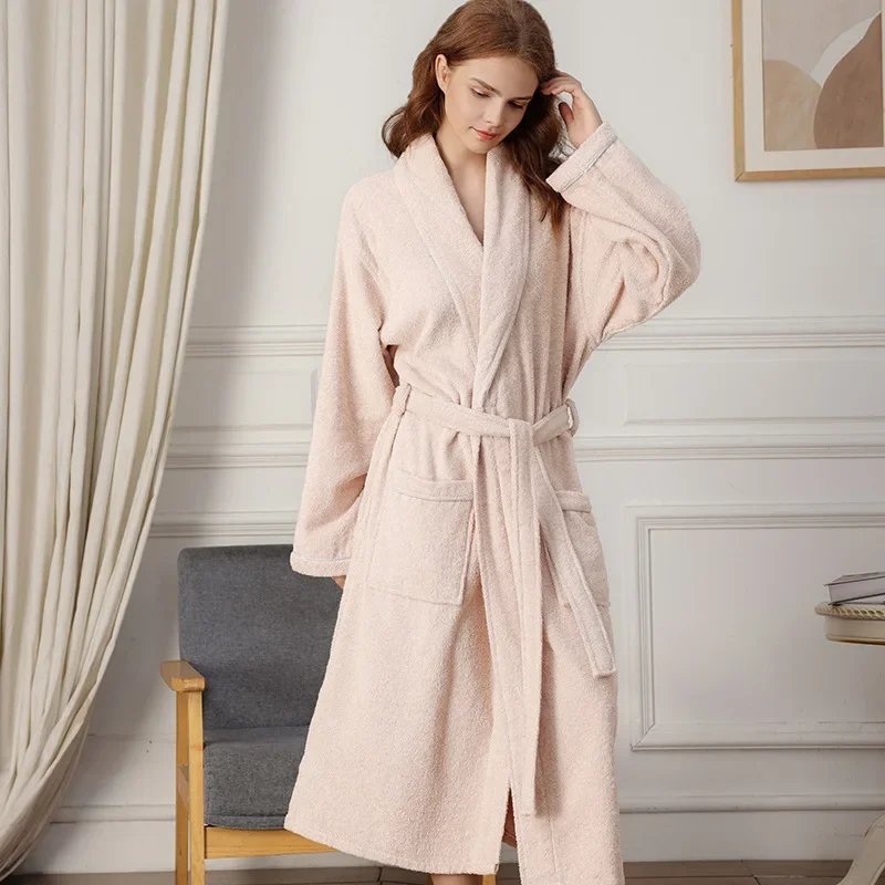 

Spring Towel Bathrobe Men 100% Cotton Sleepwear Kimono Bath Robes Unisex Dressing Gown Long Shower Sleep Gown Terry Robe White