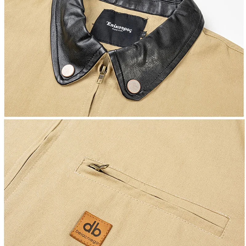 Men Splice Leather Collar Loose Casual Streetwear Fashion Brand Vintage Short Cargo Jacket Techwear Coat Cityboy Outerwear 5