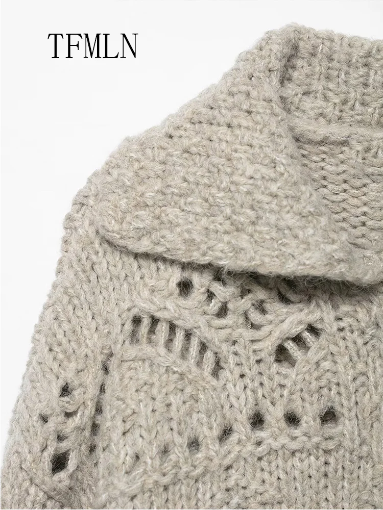 Oversize Women Hollow Out Knitted Sweaters 2025 Autumn Lapel Single Breasted Thick Loose Overall Fashion Causal Long Sleeve Coat