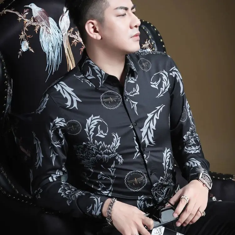 

Chao brand men's shirt casual handsome plant printing light luxury long sleeve jacket spring and autumn slim trend shirt