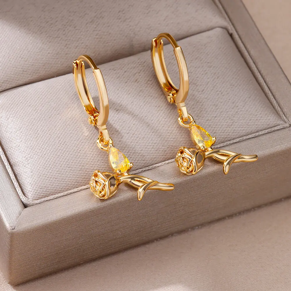 Purple Zircon Rse Flower Earrings For Women