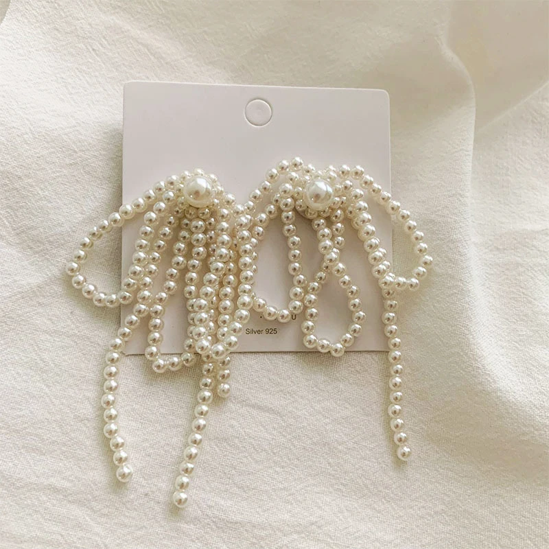 Dangle Earrings Korean Tassel Earrings Bow Handmade Pearl Beads Long Earring for Women Wedding Fashion Jewelry Temperament Dangle Ear Rings dangle earrings pearl earrings drop earrings pendant earrings long earrings crystal tassel earrings