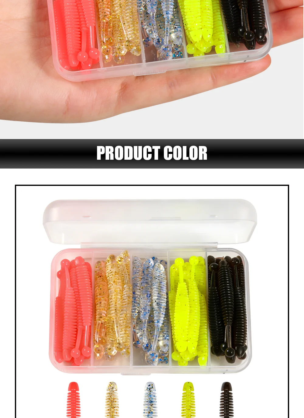 Spinpoler Floating Soft Plastic Ajing Worm Kit 42mm Micro-Köder für leichtes Angeln, Eis- und Flussangeln, Forellen- und Rockfish-Köder, 50 Stück/Box – Detail 6