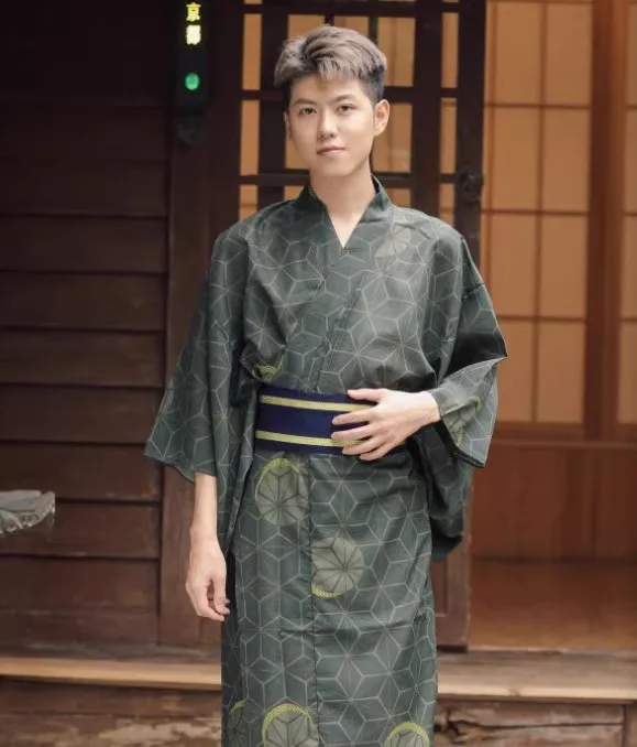 Men's Summer Yukata Deep Green- Samurai-style Navy Checkered Kimono, Wrinkle-Free & Colorfast for Festivals or Cosplay