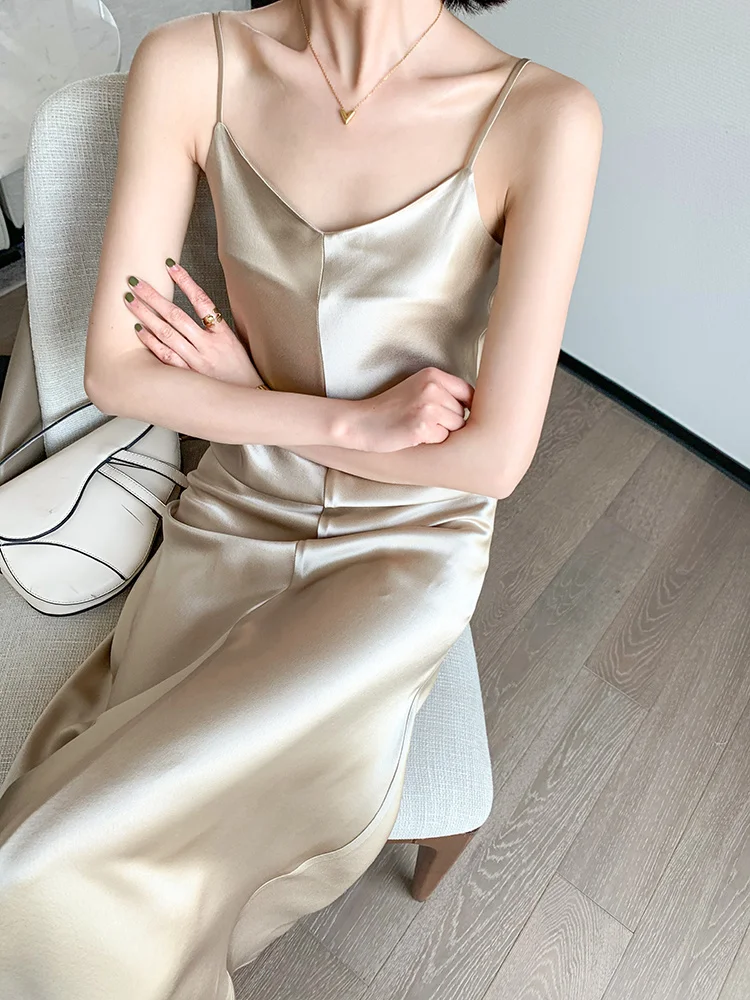

MASA Summer New Japanese Imported Triacetate Satin VNeck Full Body Oblique Cut Long Strap Dress for Women