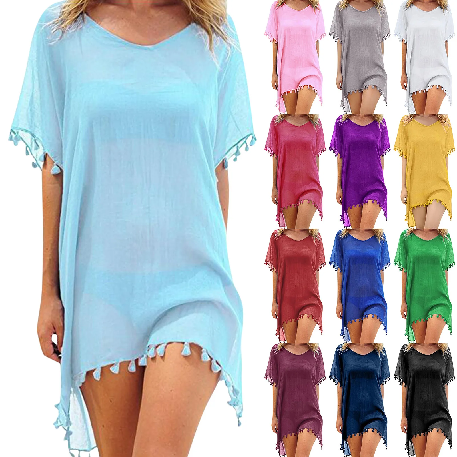 

Women's Up Bikini Chiffon Kaftan Tassels Cover Trim Beach Swimwear Tops Loose Bodysuit Swimsuit Vacation Sexy
