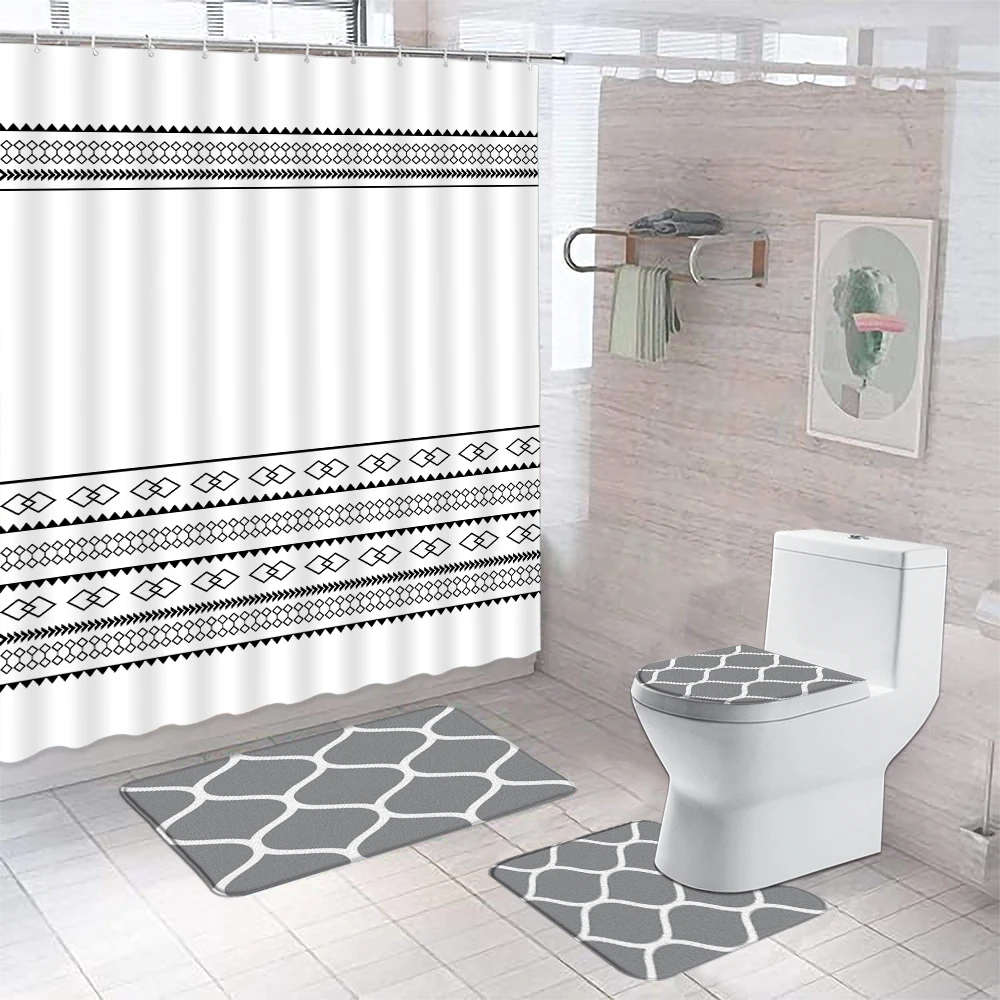 FashionGreyStripedShowerCurtainRugSetModernSimpleHome