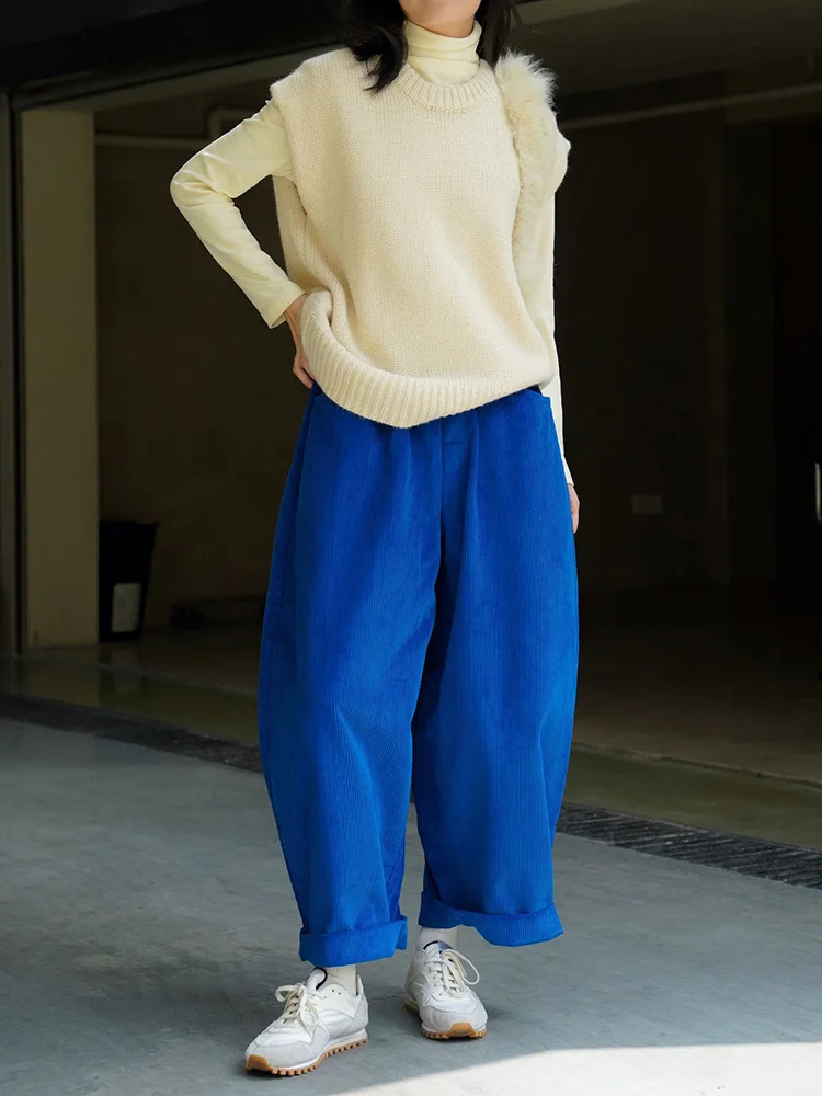 [EAM] High Elastic Waist Green Corduroy Wide Leg Pants New Loose Fit Trousers Women Fashion Tide Spring Autumn 2026 1DF21930