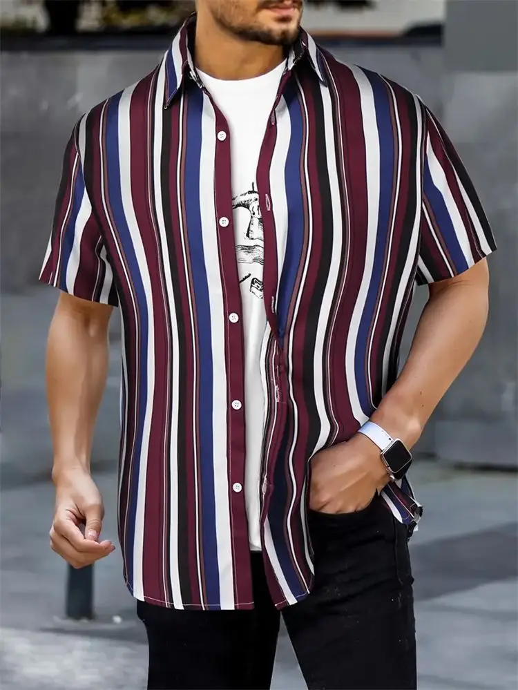 

Men's Shirt Top, Vertical Striped Camp Collar Bowling Shirts Short Sleeve Closure Male Casual Button Up Shirt For Daily Vacation
