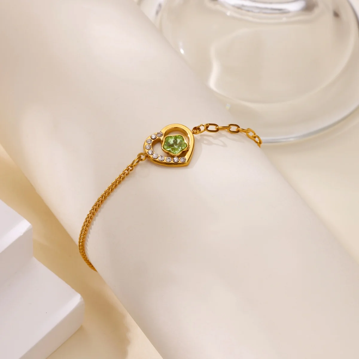 Zircon Pearl Heart Bracelet for Women Gold Color Stainless Steel