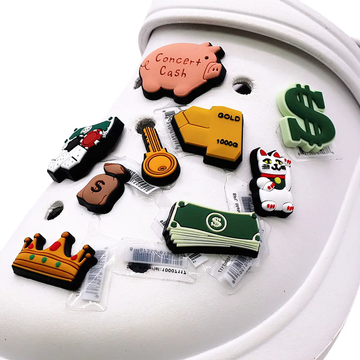 1 Stück 3D-Wealth-Clog-Charms, Geld, Reichtum, Glück, Gold, Bargeld, Dollar, Krone, Schlüssel, Katze, Sparschwein, Würfel, tolles Zubehör für Lochschuhe