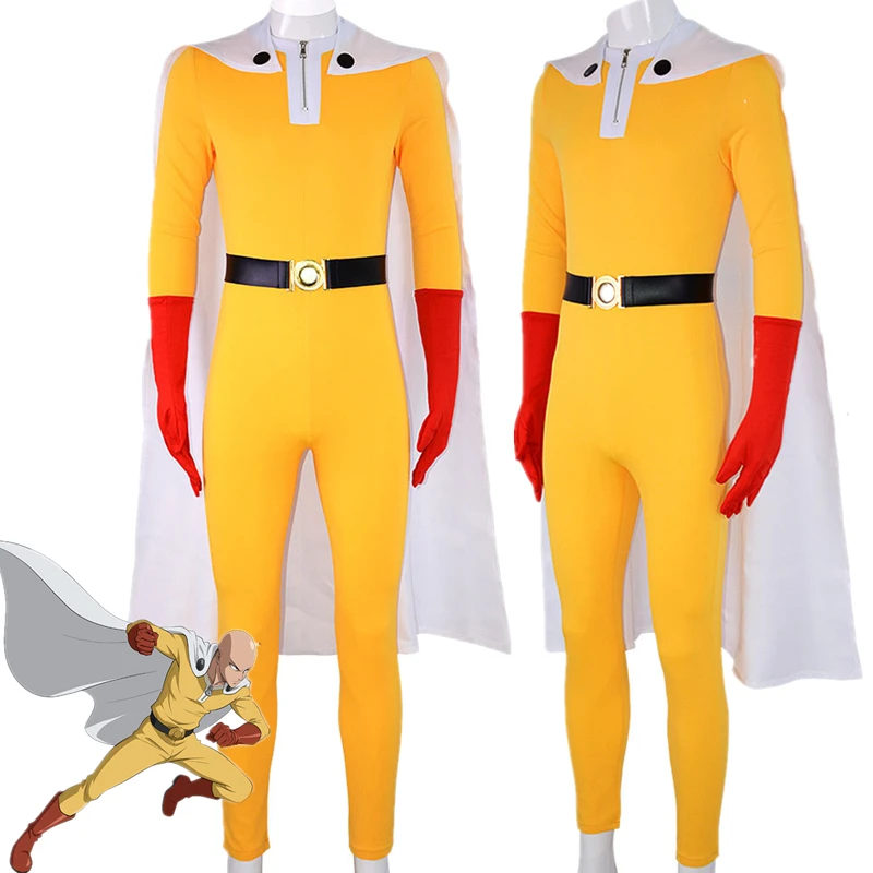 Костюм для косплея Аниме ONE PUNCH-MAN желтый комбинезон Сайтама с белой накидкой