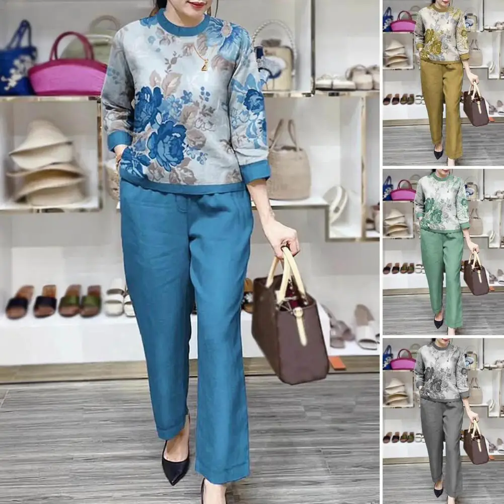 

2 Pcs/Set Women T-shirt Pants Set Flower Print Three Quarter Sleeves Round Neck Pockets Wide Legs Fall Spring Top Trousers Suit