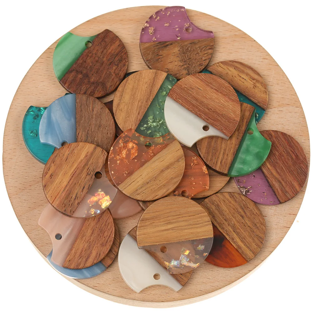 10Pcs Flat Round Resin Wood Pendant Charms with Paillette for DIY Earrings Necklaces Making Jewelry Crafting Accessories 25x25mm