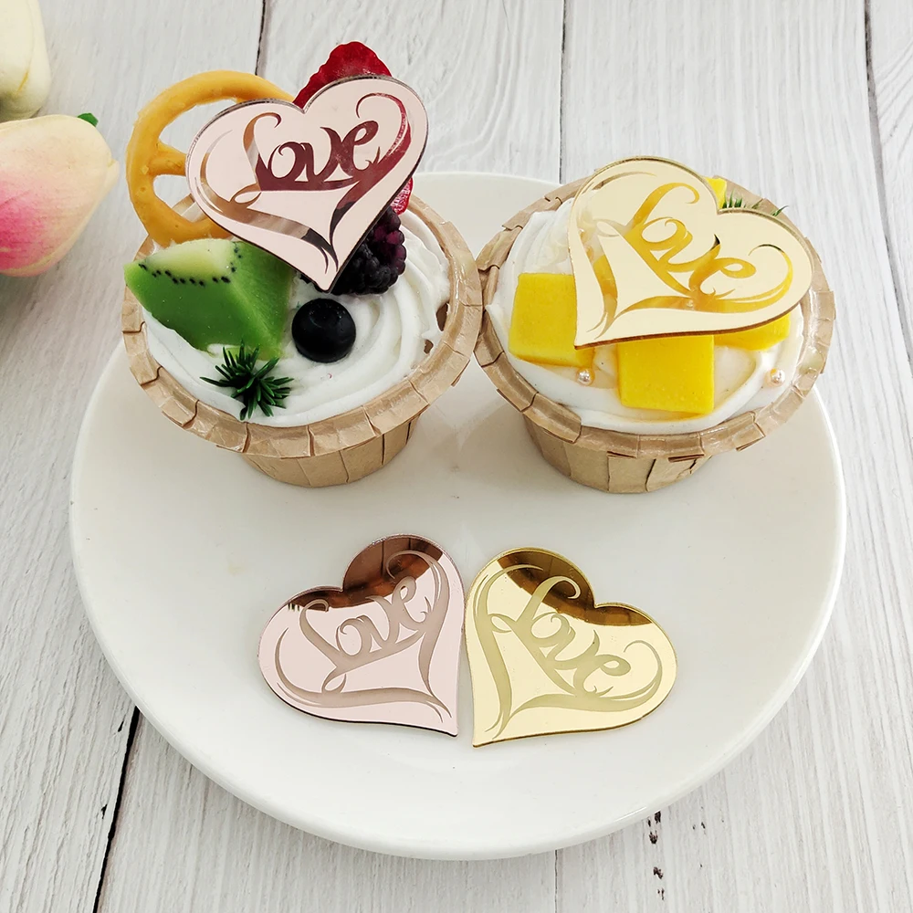 5Pcs Valentine's Day Cupcake Toppers Rose Gold Love Heart Cake Topper Dessert Cake Decoration Valentine's Day Party Baking Tools