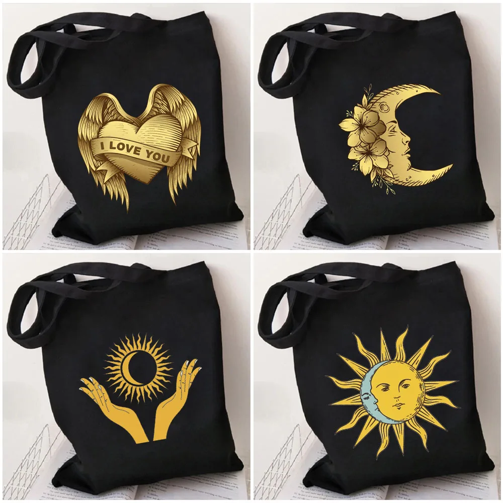 

Tarot Sun Moon Bohemian Tree Gothic Flower Star Wing Hand Heart Women Shoulder Shopper Canvas Cotton Shopping Tote Bags Handbags