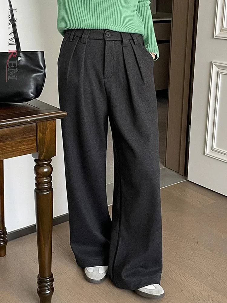 

[LANMREM] Solid Minimalism Wool Pants For Women High Waist Wide Leg Trousers Warm Female Clothing 2023 Winter New 26D7634