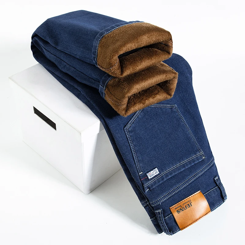 Men&rsquo;s Fleece Jeans Winter Plus Size 44 46 Thick Warm Straight Stretch Male Business Casual Work Denim Thicken Trousers