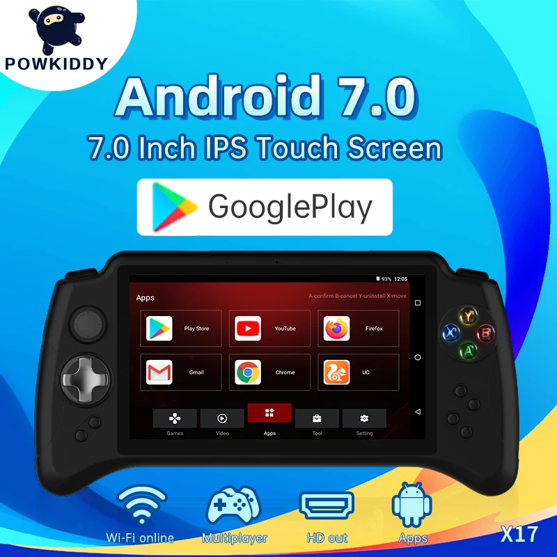 

POWKIDDY New X17 Android 7.0 Retro Handheld Video Game Console 7-inch IPS Touch Screen MTK 8163 Quad Core 2G RAM 32G ROM