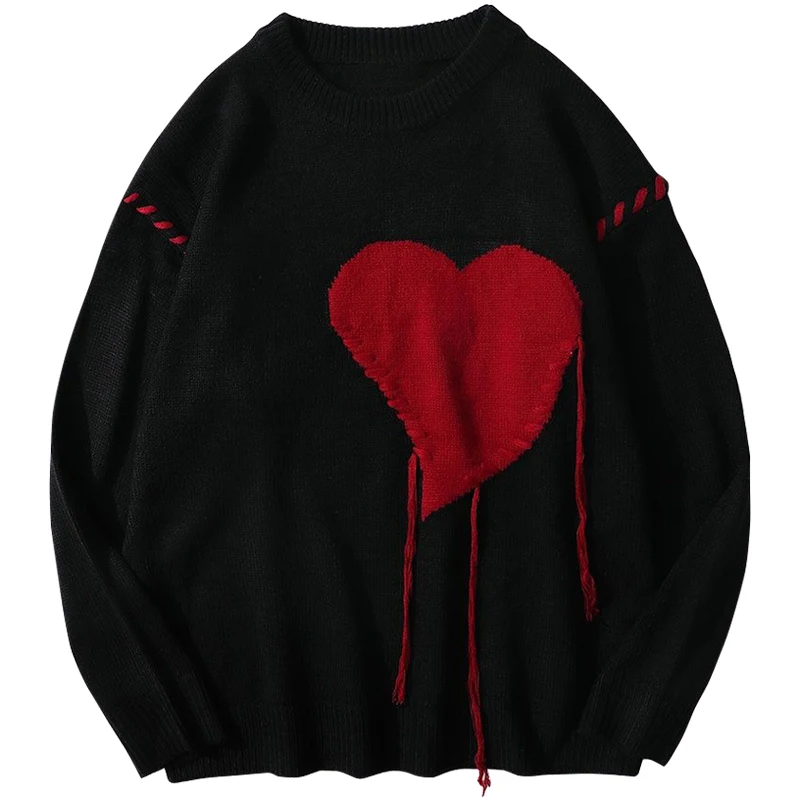 

Harajuku Love Pattern Knitted Ugly Sweater Men Letter Punk Rock Black Red Gothic Vintage Grandpa Sweater Women Cute Pullover