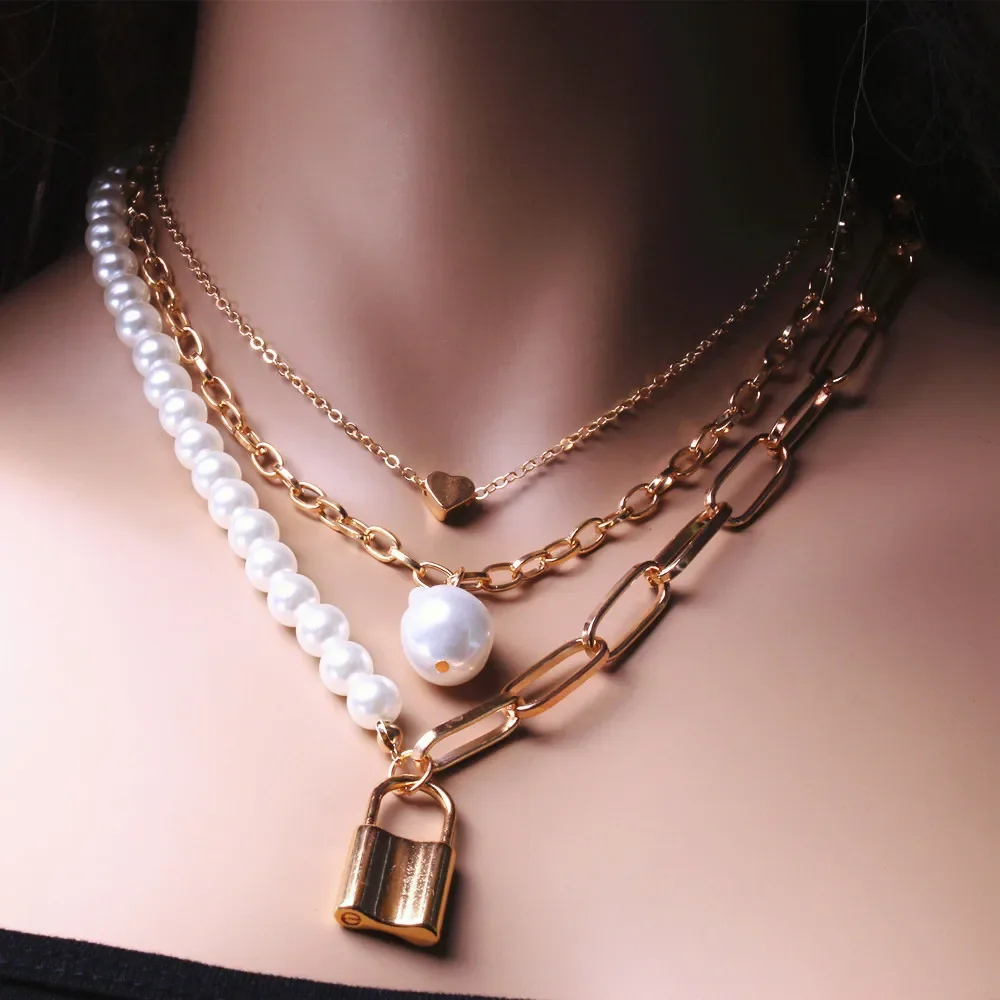 Pretty Design New Stainless Steel Fashion Jewelry Heart Lock Charm Layered Pendant Necklace For Women Charms Female Vintage