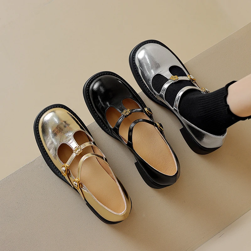 

2024 new spring women pumps natural leather shoes 22-24.5cm cowhide+sheepskin+pigskin Metal flower t-buckle Mary Jane shoes