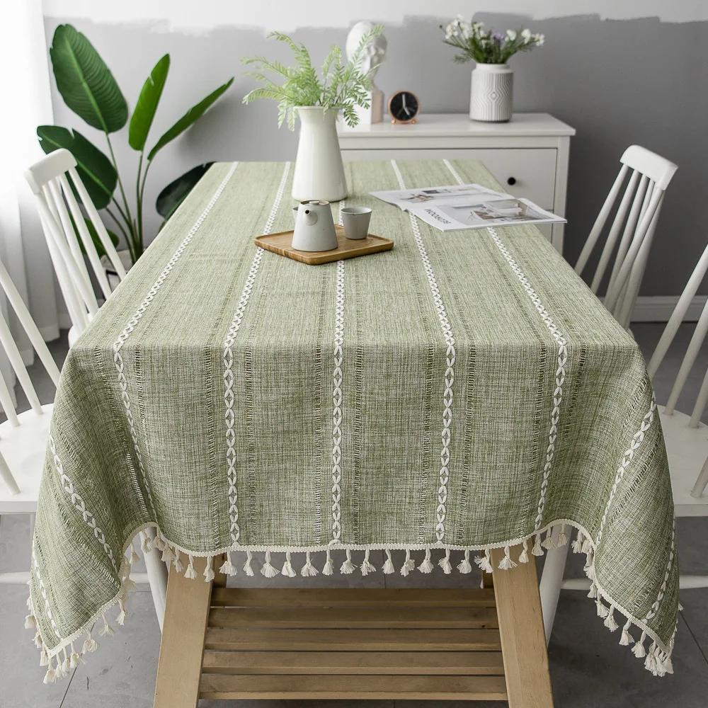 Cotton Linen Stripe Tassel Tablecloth Stain Resistant Dust-Proof Table Cover for Kitchen Dinning Tabletop Decoration Rectangular