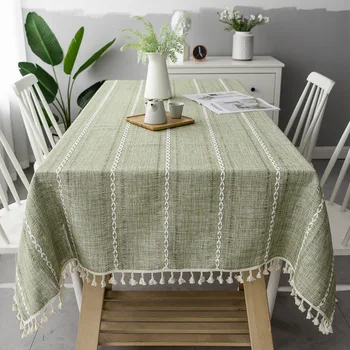 Cotton Linen Stripe Tassel Tablecloth Stain Resistant Dust-Proof Table Cover for Kitchen Dinning Tabletop Decoration Rectangular