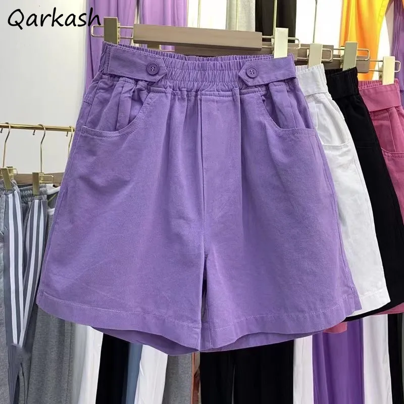 

Фиолетовые женские эластичные шорты с завышенной талией, а-силуэт, однотонные простые свободные милые летние шорты в Корейском стиле для досуга и девушек Ulzzang