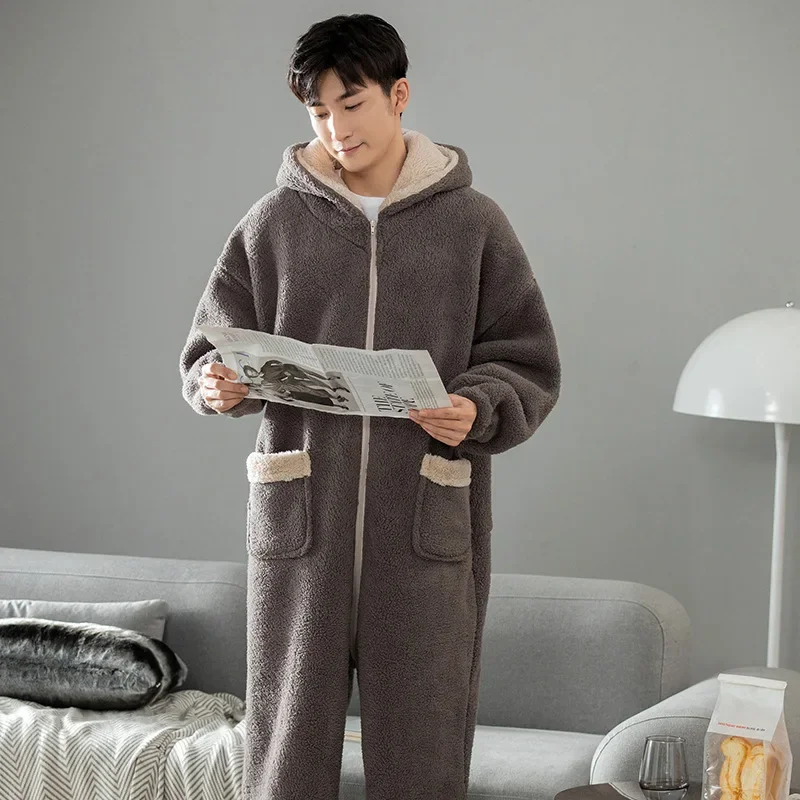 Mens Winter Fluffy Pajamas Onesies Super Warm Homewear Plush Sleepwear Thermal Thickened Adult Onesie Loose Cute Clothes for Man