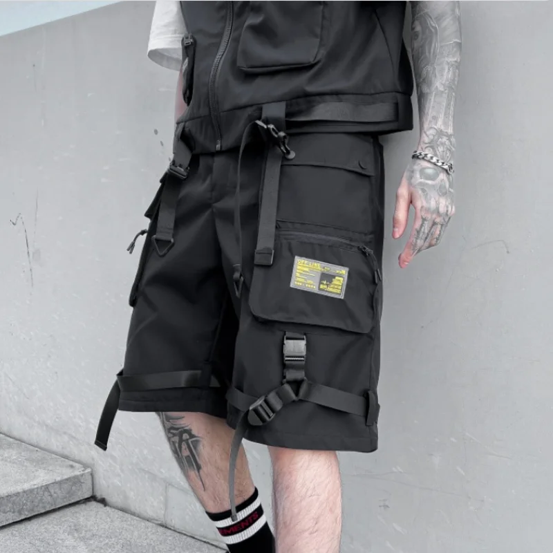 

2024 Summer Men Multi-pocket Streamer Patchwork Tactical Cargo Shorts Y2K High Street Techwear Cropped Pants pantalones шорты