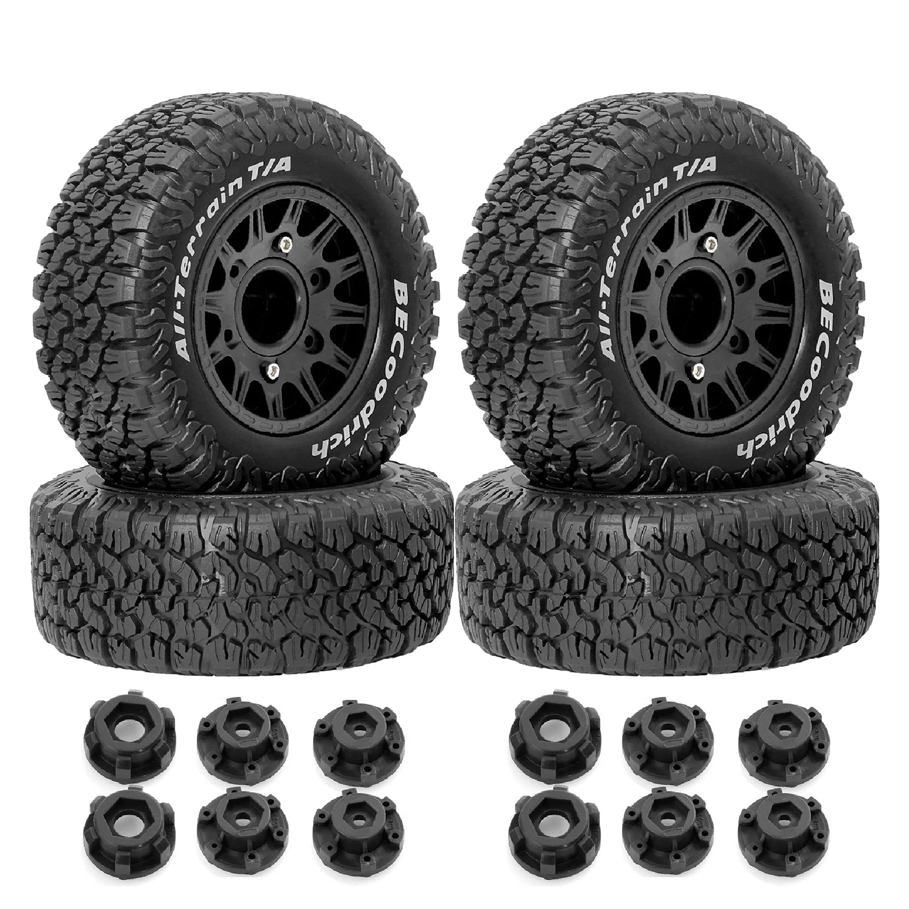 Pneu orange pour camion RC 1/10 avec motif de crampons, vue détaillée de la bande de roulement.