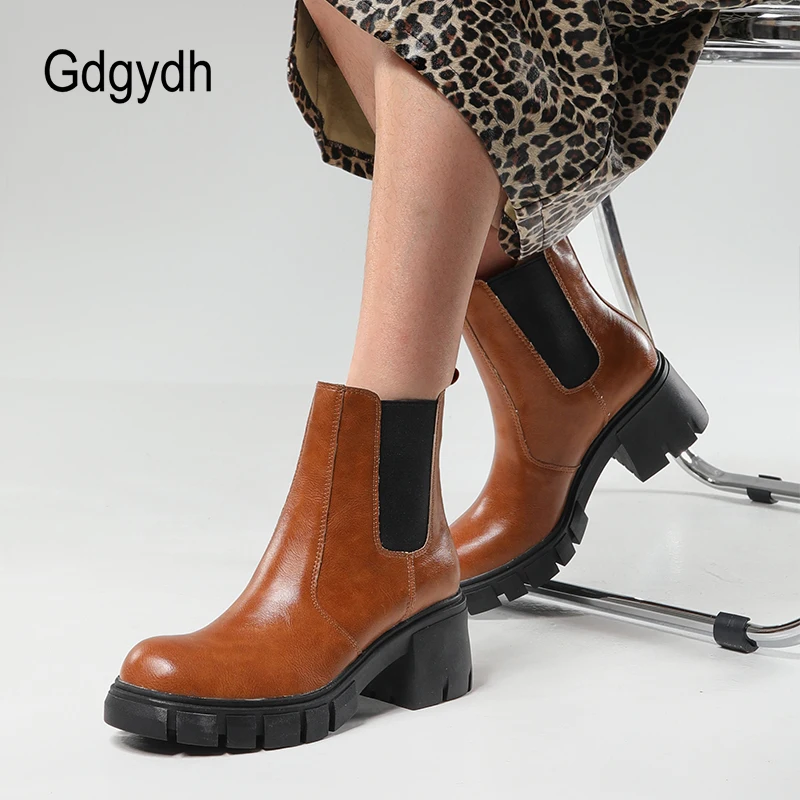 

Gdgydh Platform Women's Chelsea Boots Fashion Lug Sole Chunky Heel Slip on Elastic Ankle Booties Mid Heel Comfort Walking