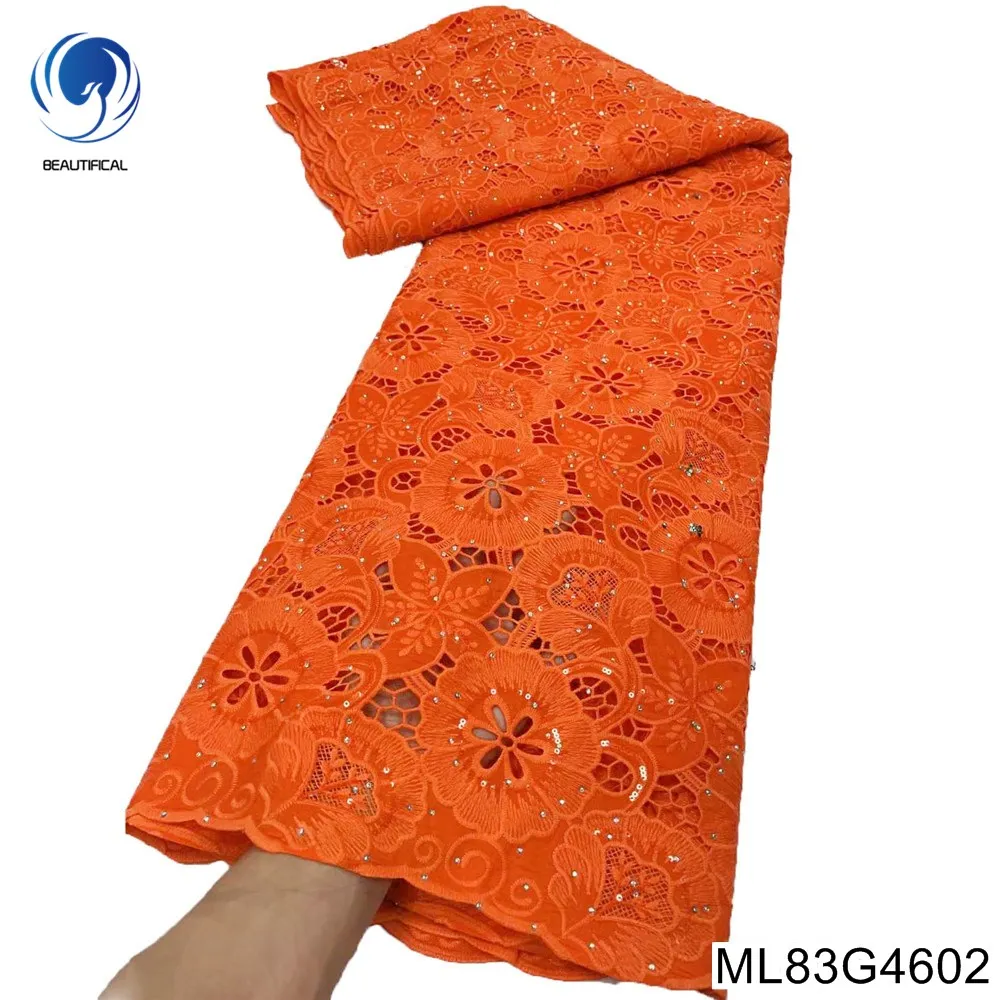 

African Fabric High-quality Pop Sewn Lace Water-soluble 100% Polyester Orange Unique Band Diamond Nigerian Party Dress ML83G46