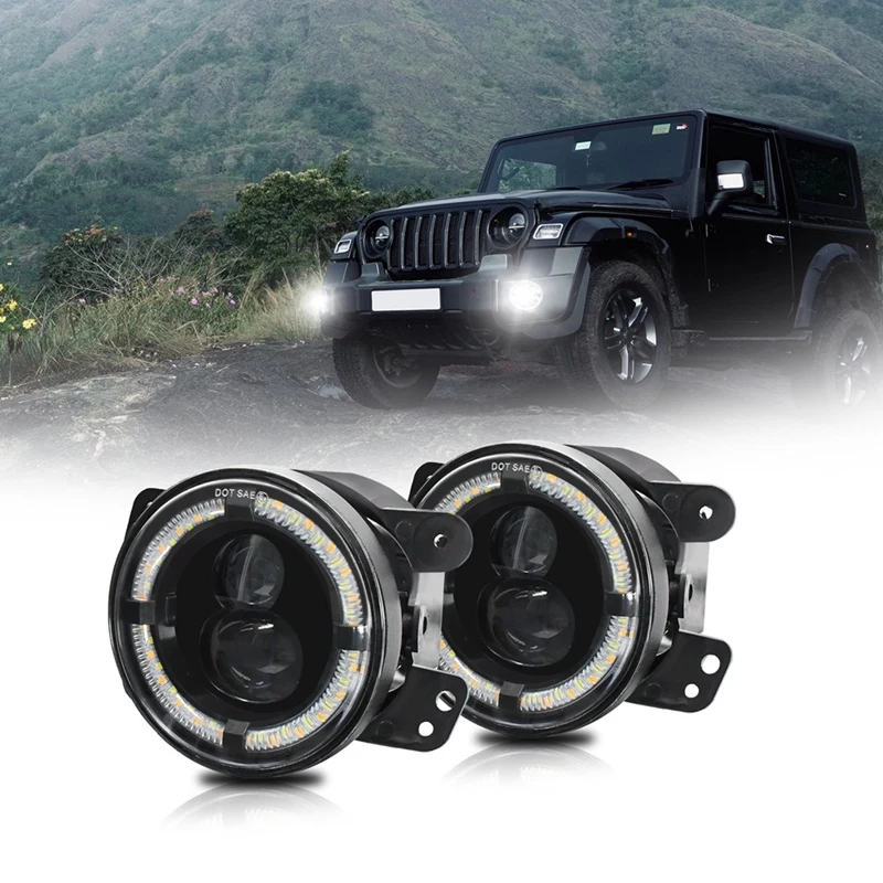 

2 PCS Round LED Fog Lights With White DRL Amber Turn Signal Lights Black 4 Inch For Jeep Wrangler JK Dodge Chrysler Accessories