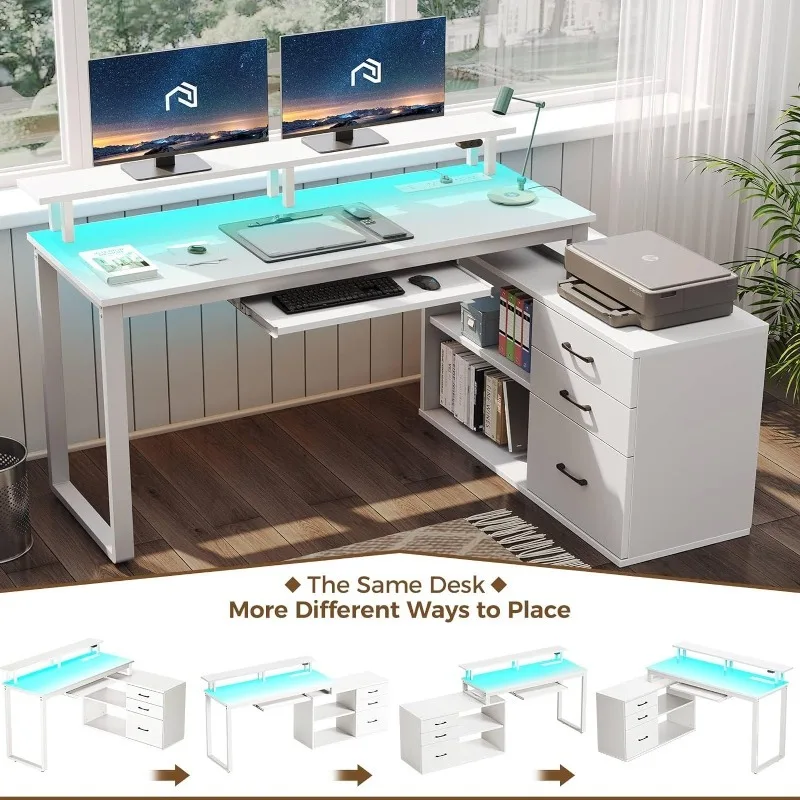 

55 Inch Home Office Corner Study Writing Table with Monitor StandComputer Desk with Drawers and Power Outlet